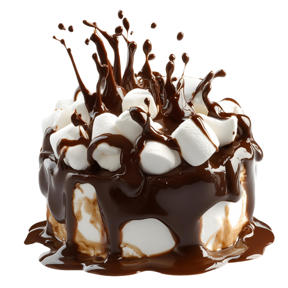 Chocolate cake with marshmallows and chocolate drizzle png