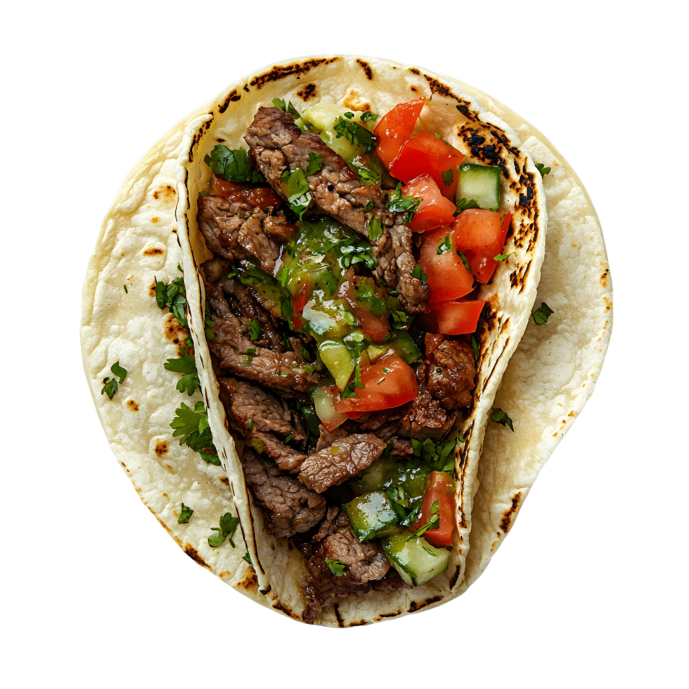 Taco with meat and vegetables is shown on a white background png