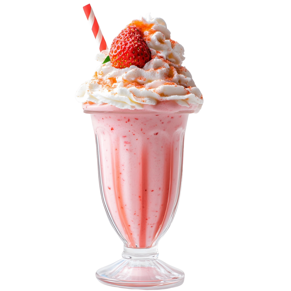 Glass of pink strawberry milkshake with a straw png