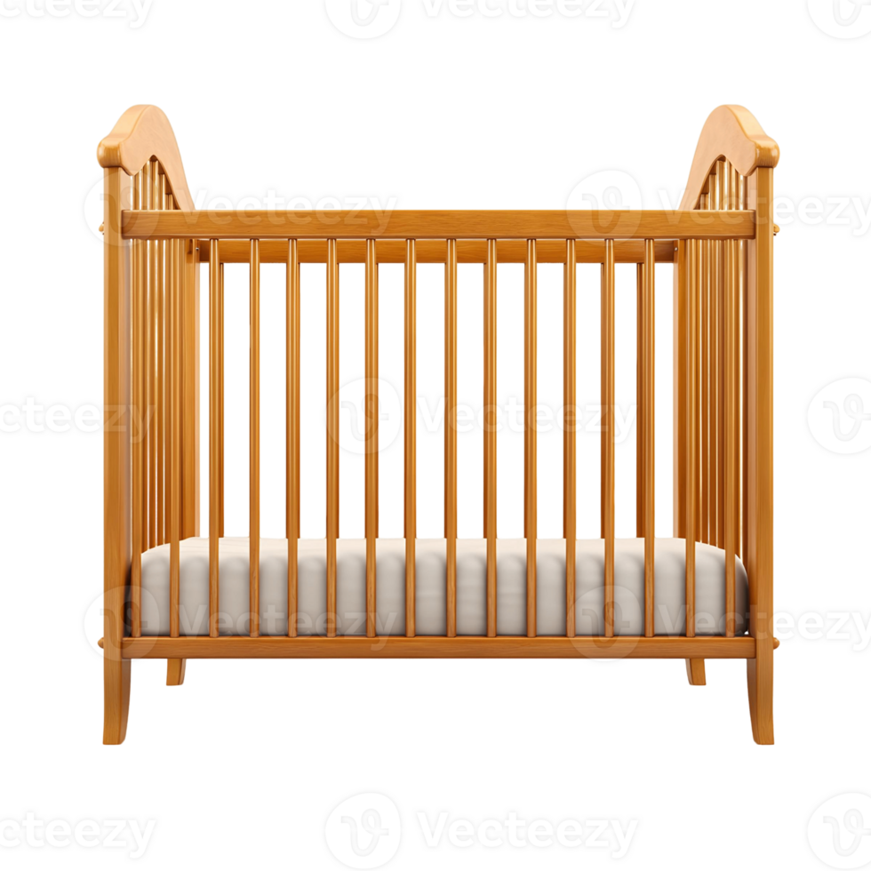 Wooden crib with a white sheet and a white pillow png