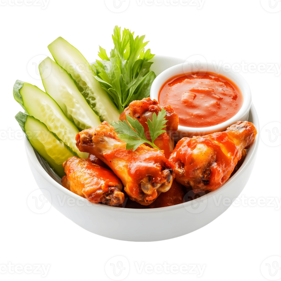 Bowl of chicken wings with a side of cucumber png
