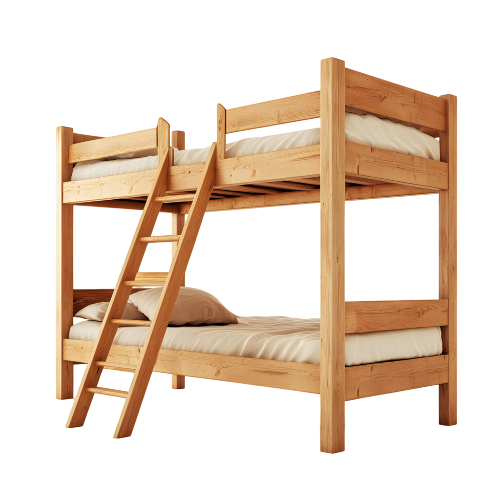 Wooden bunk bed with a white sheet png