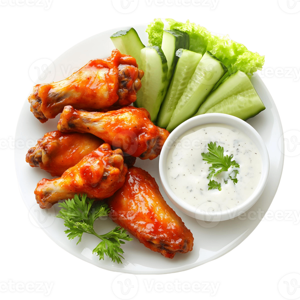 Plate of chicken wings with a side of cucumber and a dipping sauce png