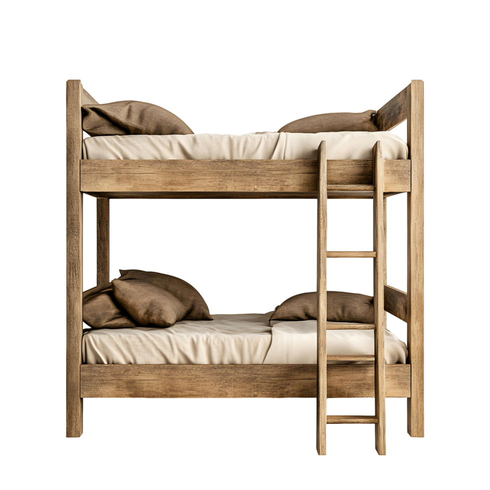 Wooden bunk bed with a ladder and two pillows png