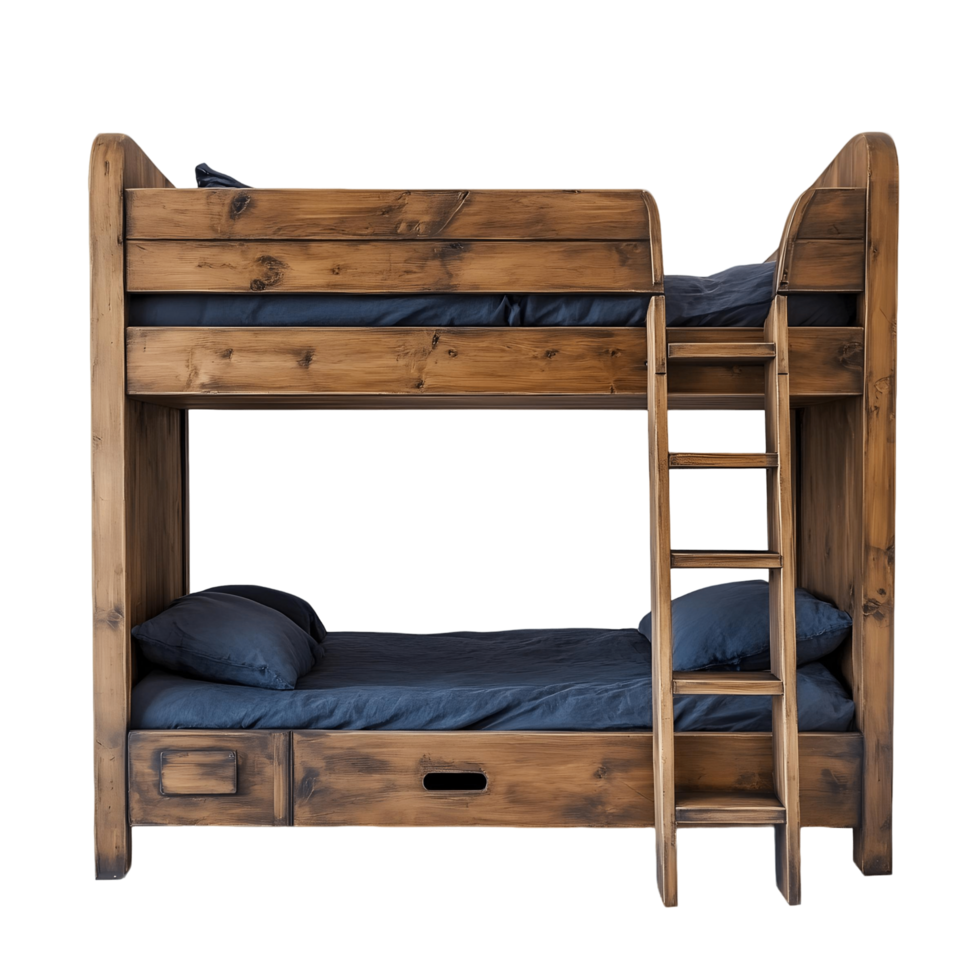 Wooden bunk bed with a ladder and a blue sheet png