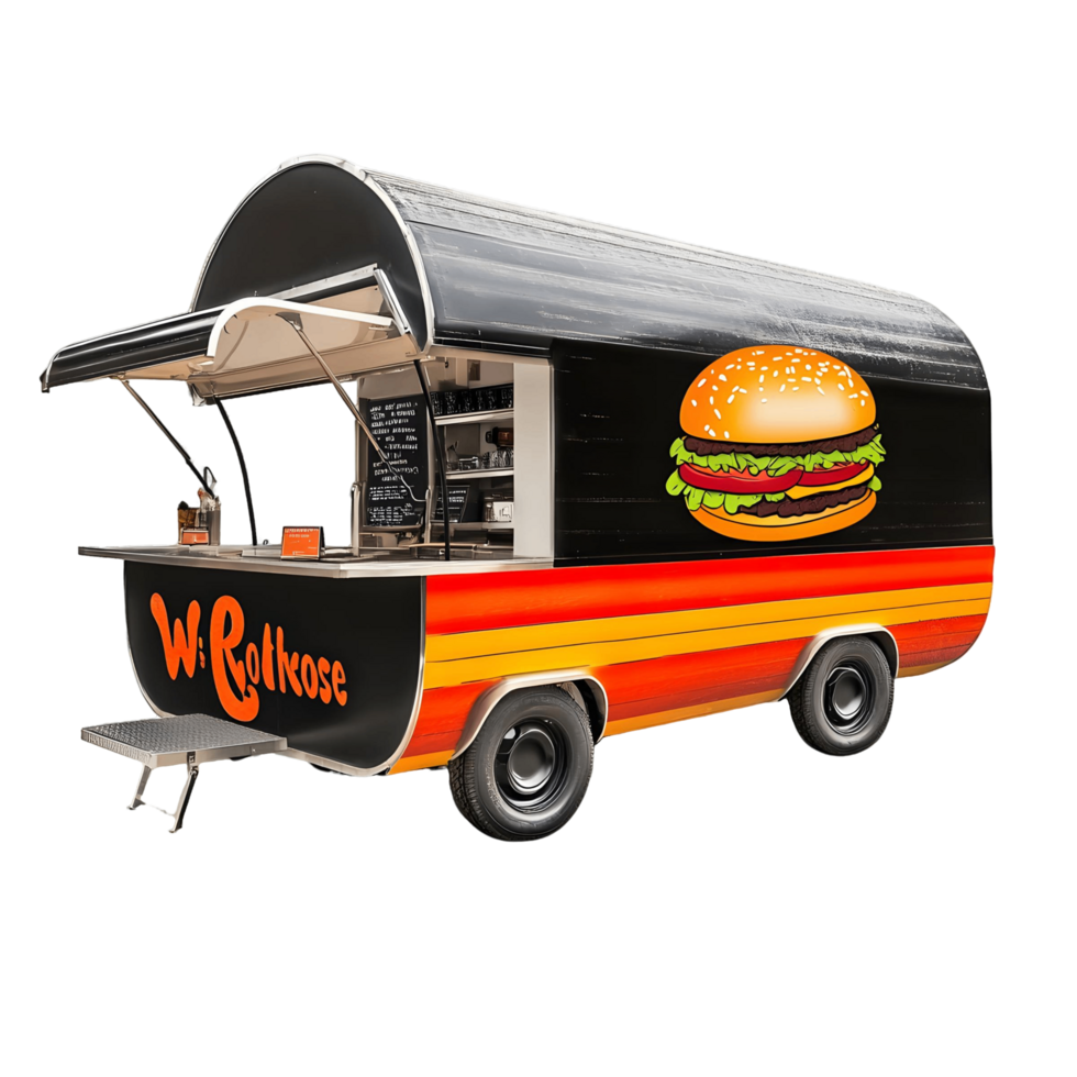 Food truck with a red, yellow, and black design and the name W Rollhouse png
