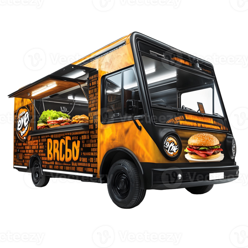 Food truck with a burger on the side of it png