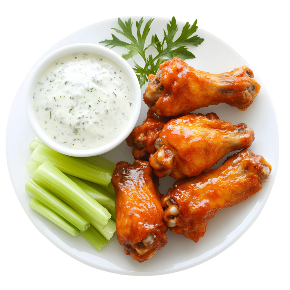 Plate of chicken wings with a side of celery and a dipping sauce png