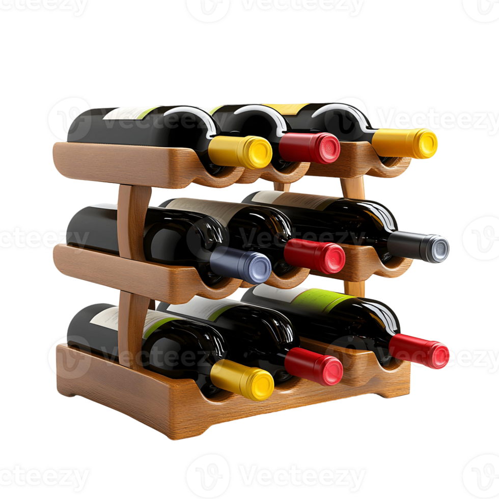 Wooden rack with six wine bottles on it png