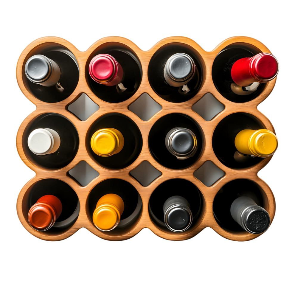 Wooden wine rack with 12 wine bottles in it png