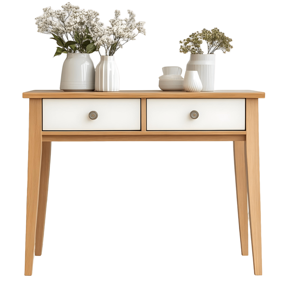 Wooden table with two drawers and a vase of flowers on top png