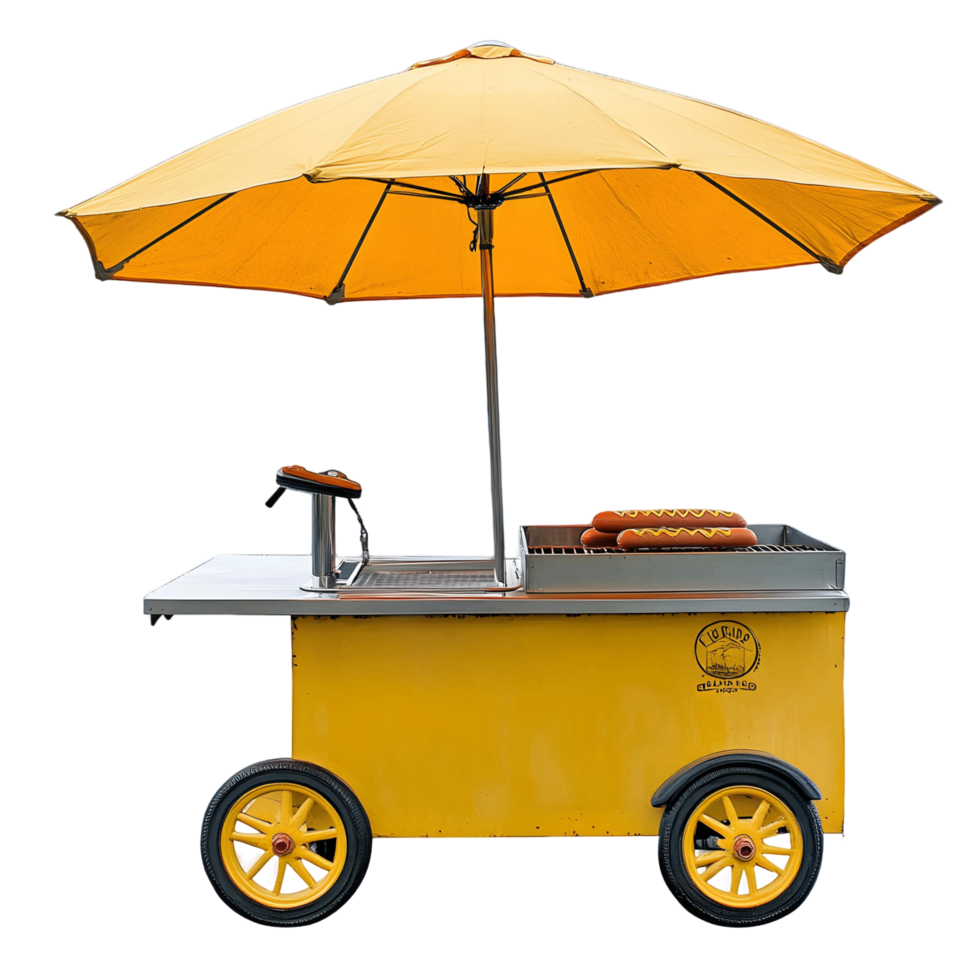 Food cart with a yellow umbrella and a grill png