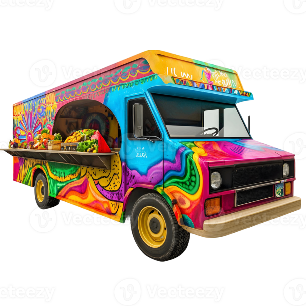 Colorful food truck with a rainbow design png
