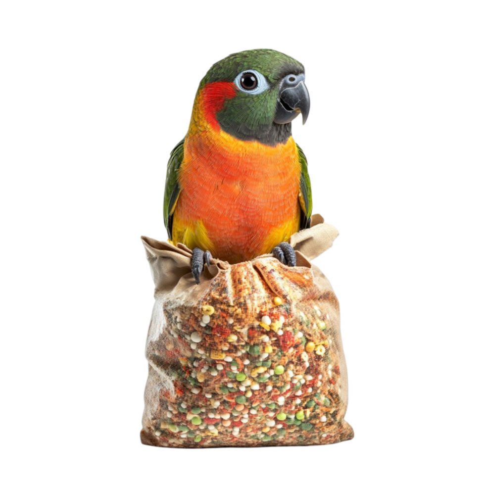 Colorful Parrot Sitting on Bag of Bird Seed png