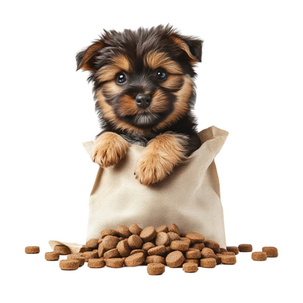 Adorable Puppy Holding Sack of Dog Food png