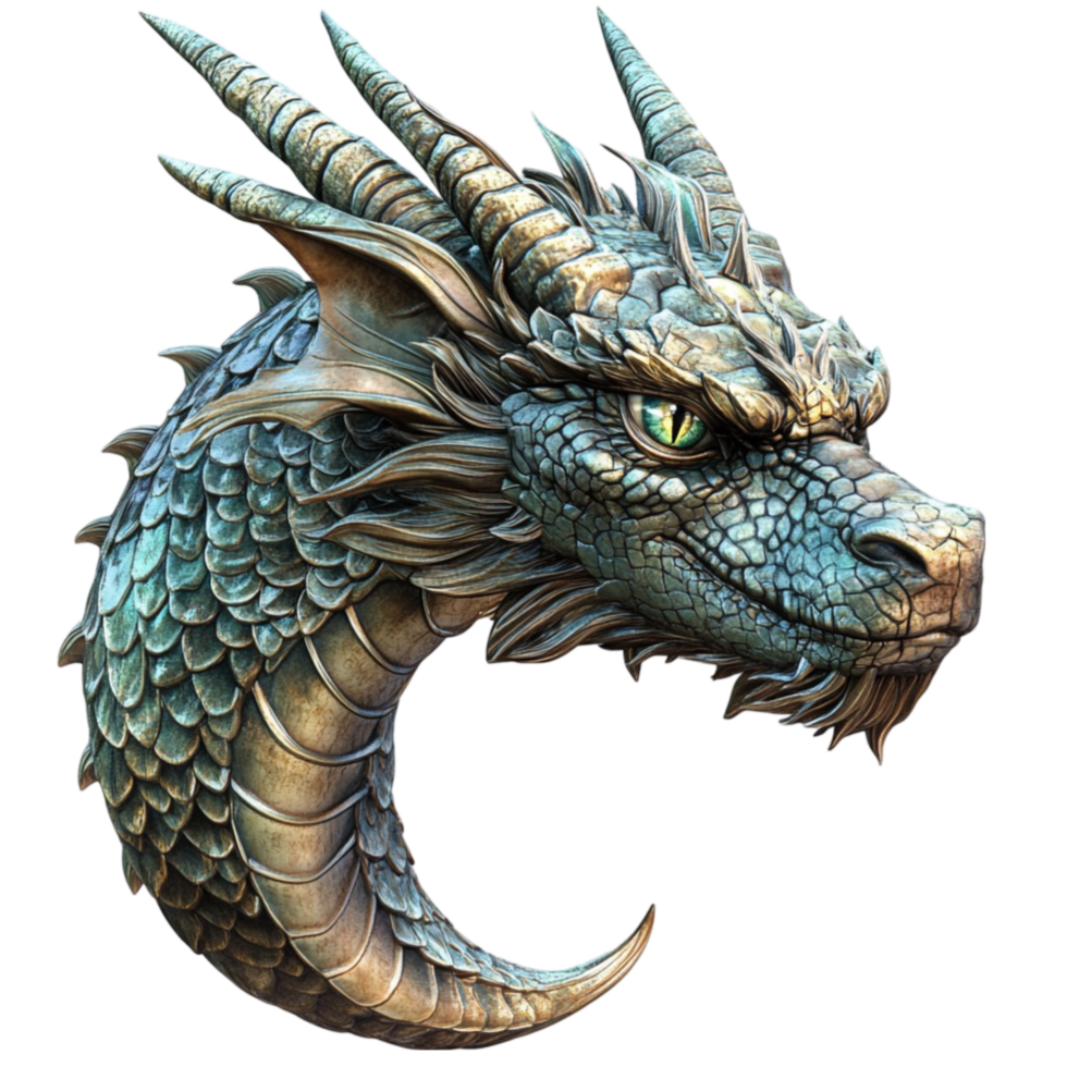 Dragon Head with Green Eyes and Long Horns png