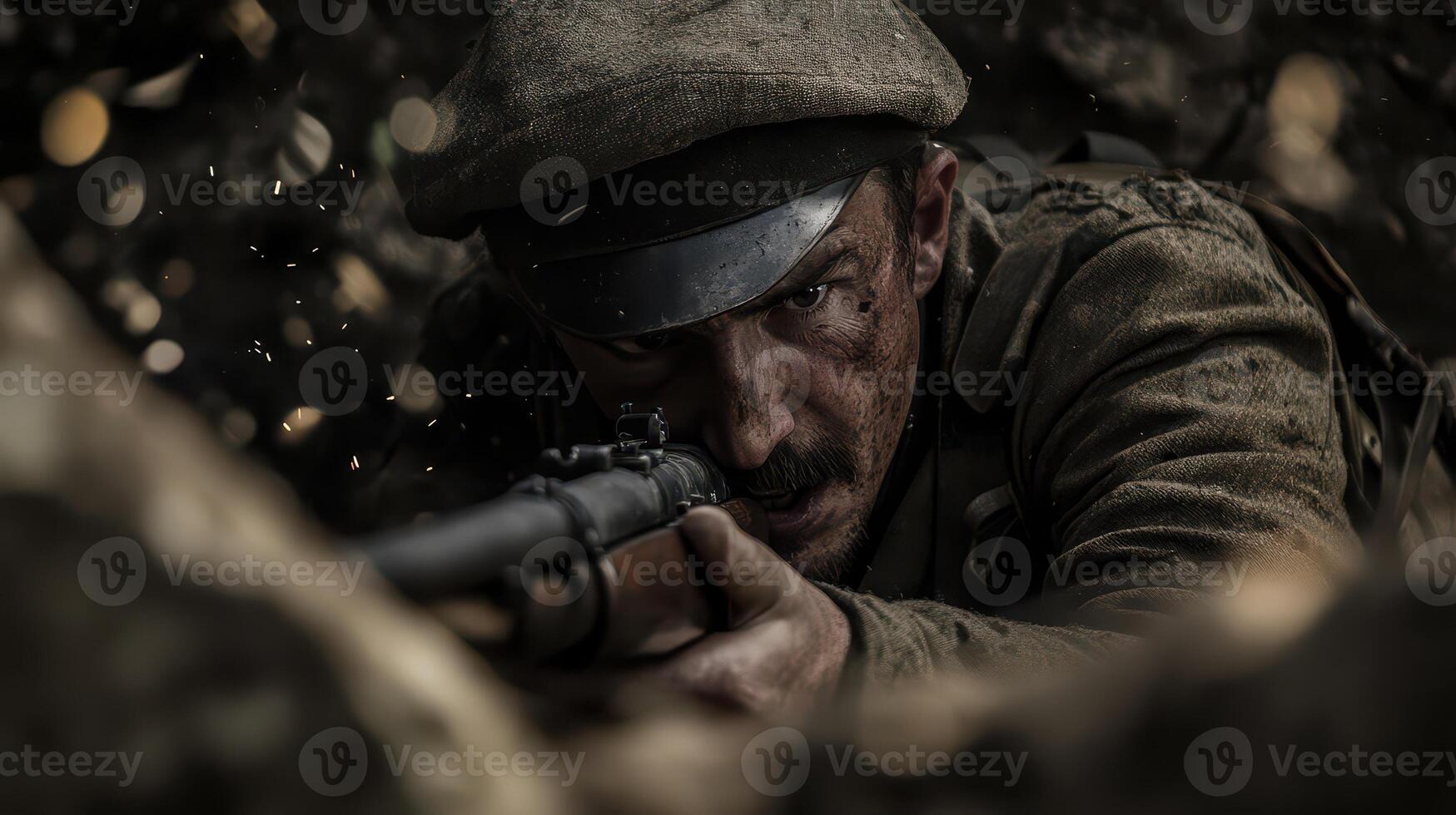 Soldier aiming weapon in a dramatic combat setting photo