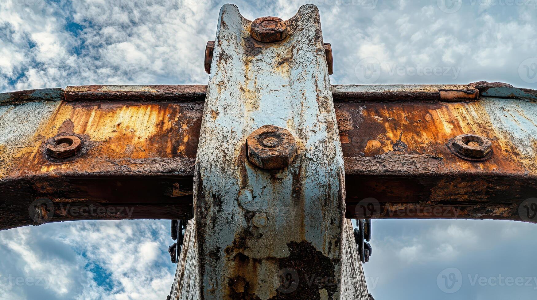 A rusty metal cross with a cloudy sky in the background photo
