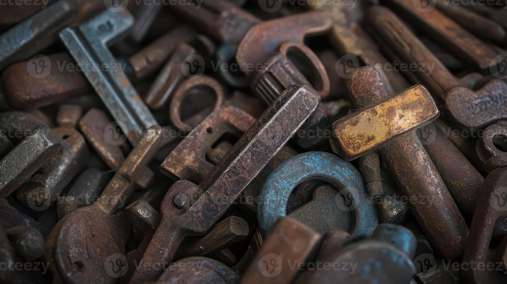 A pile of rusty metal tools photo