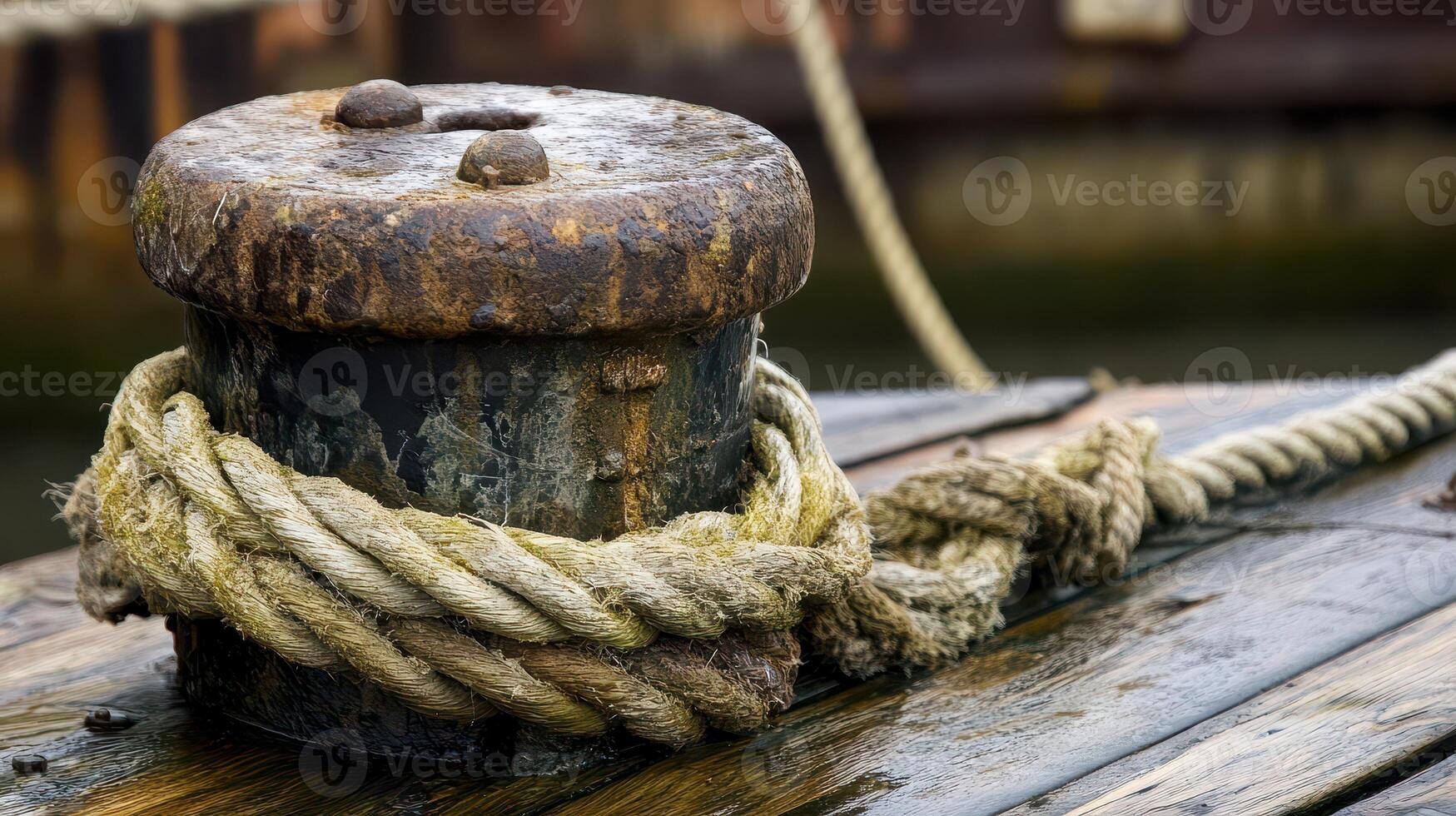 Rusty post with rope on dock photo