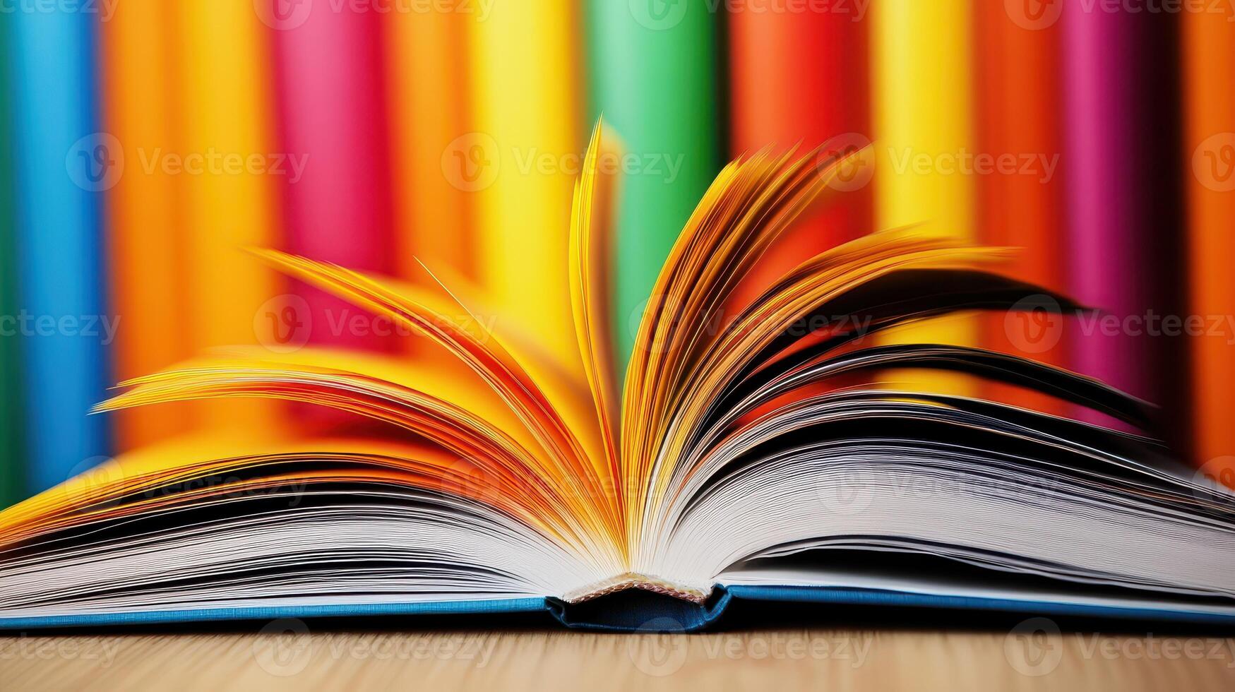 An open book with colorful pages on a table photo