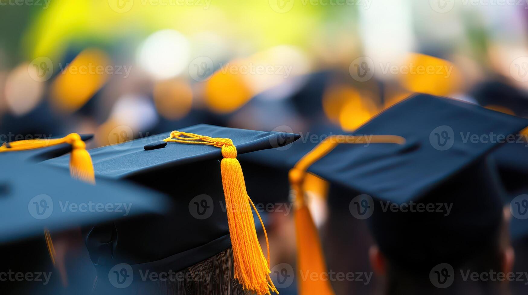 Graduates in caps and gowns with tassels photo