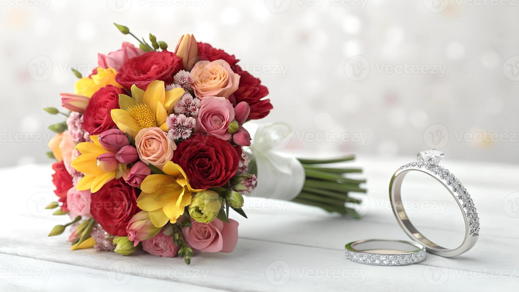 background image of a flower bouquet with a wedding theme ring photo