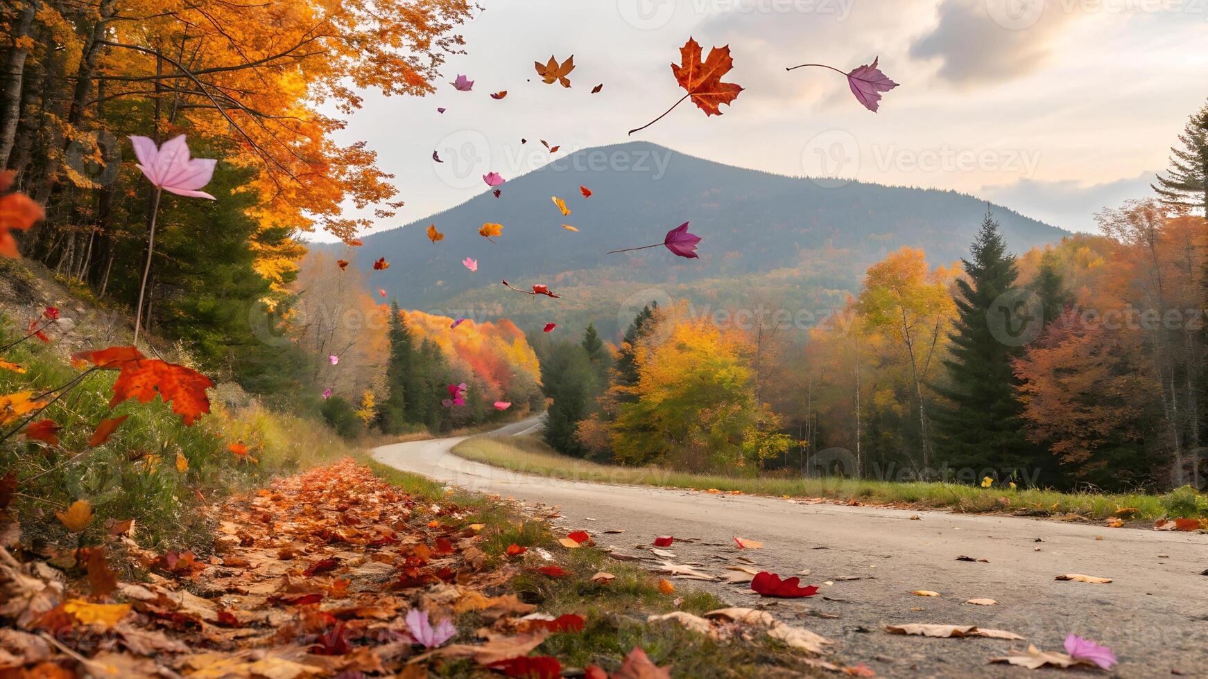 background landscape image of falling leaves on the street in autumn photo