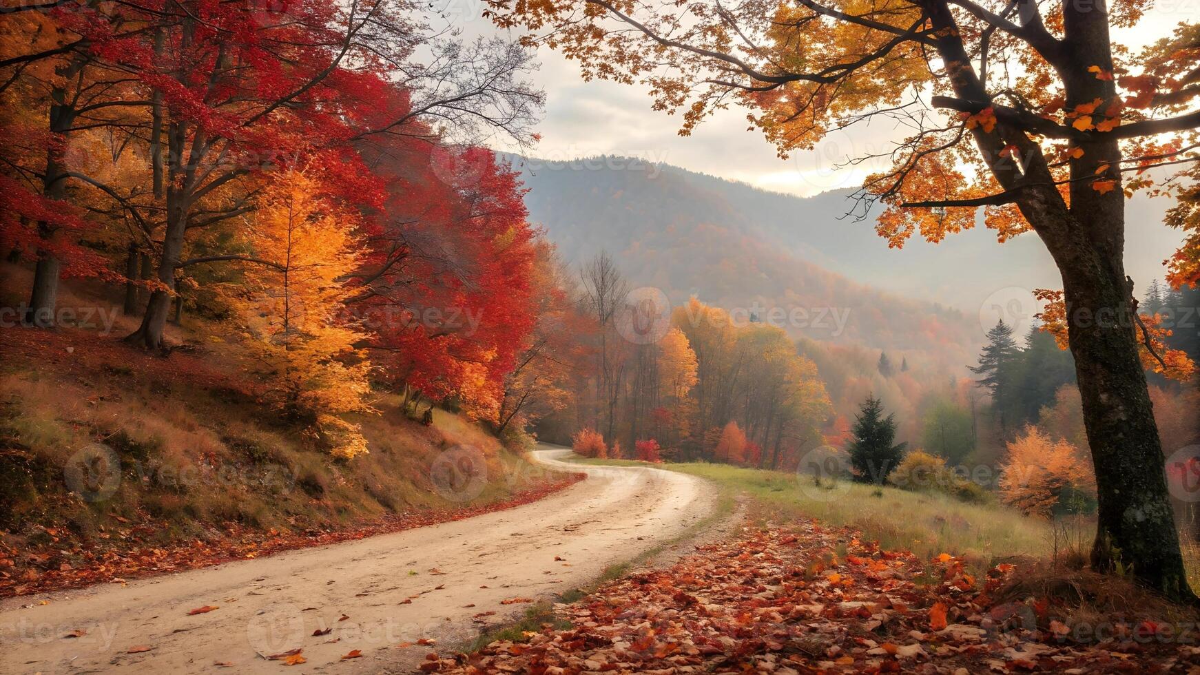 background image landscape of falling leaves on the street in autumn photo