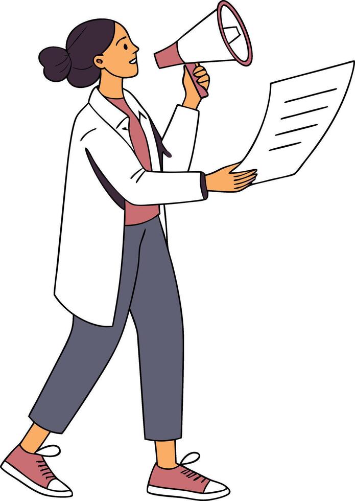 Flat Style Character Doctor Woman Announcement Loudspeaker Healthcare Public Health Message vector