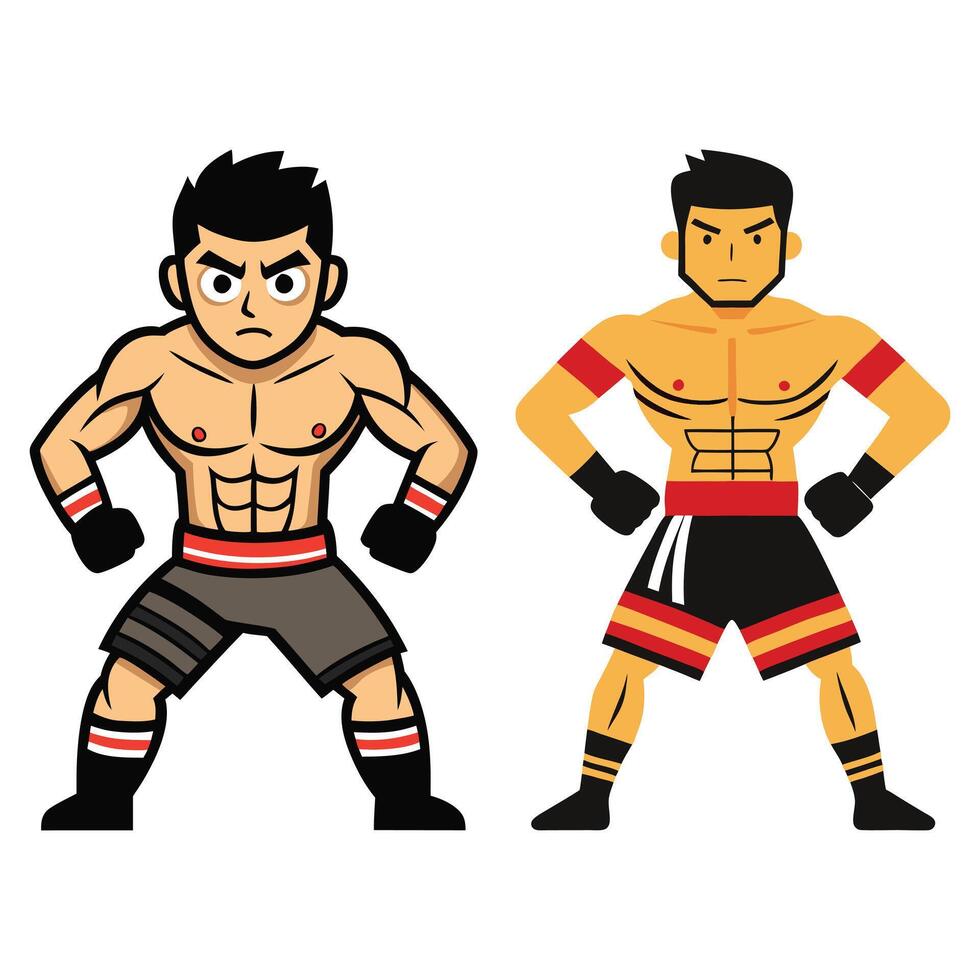 Set Of Thai Muscular Boxer Flat Style Cartoon Characters vector