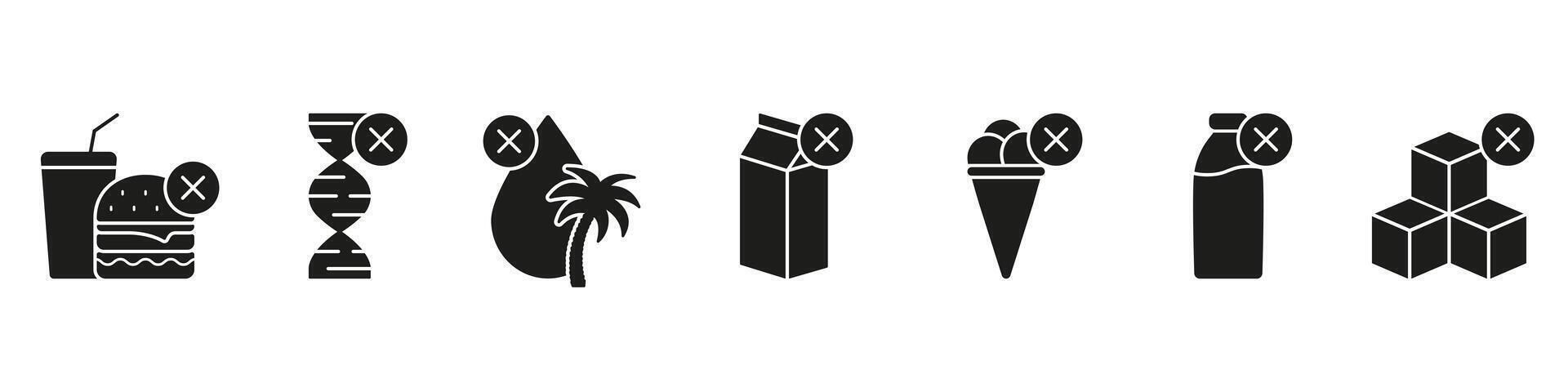 Unhealthy Food Silhouette Icon Set to Avoid in Diet. Nutrition Symbols for Unhealthy Food and Drink Exclusion. Health and Nutrition Management. Isolated Illustration vector