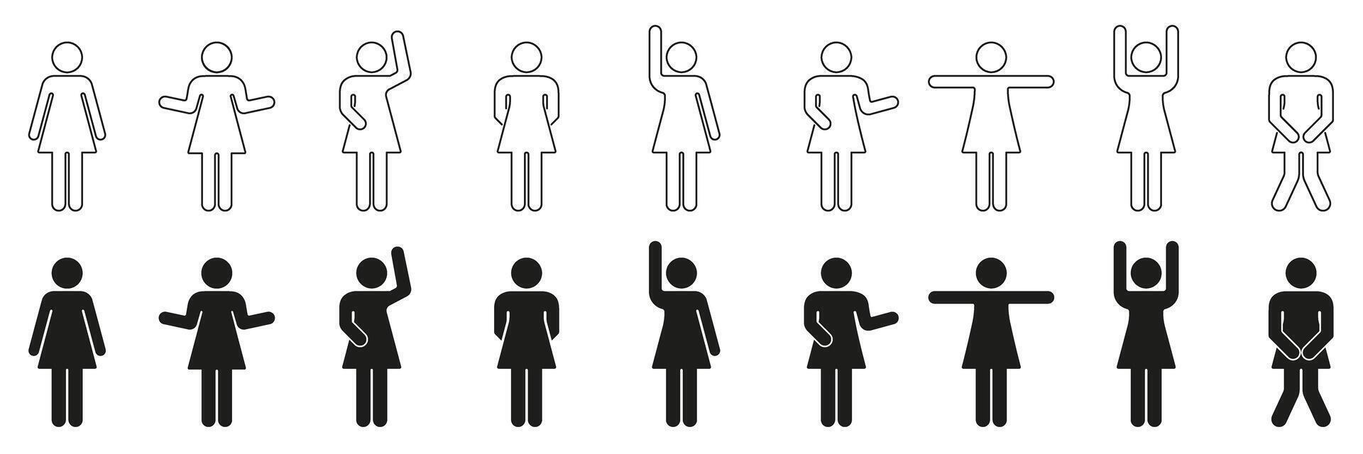 Woman Figure Line and Silhouette Icon Set in Various Poses. Female Stick Figure with Different Gesture and Pose Collection. Editable Stroke. Isolated Illustration vector