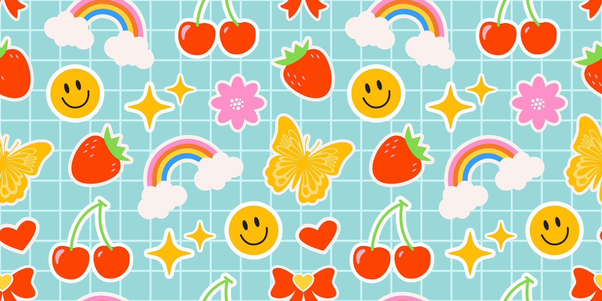 Emoji on a checkered blue background. Children's pattern with bright elements in the form of stickers. Groovy hippie pattern. Includes rainbow, flower, sparkle, butterfly, cherry, and smile. vector