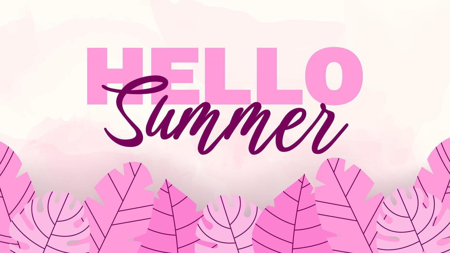 Hello Summer banner template with tropical leaves. Space for text. Horizontal pink banner for website design, social media, travel and holiday ads, sale promotion, summer card, and party invitation. vector