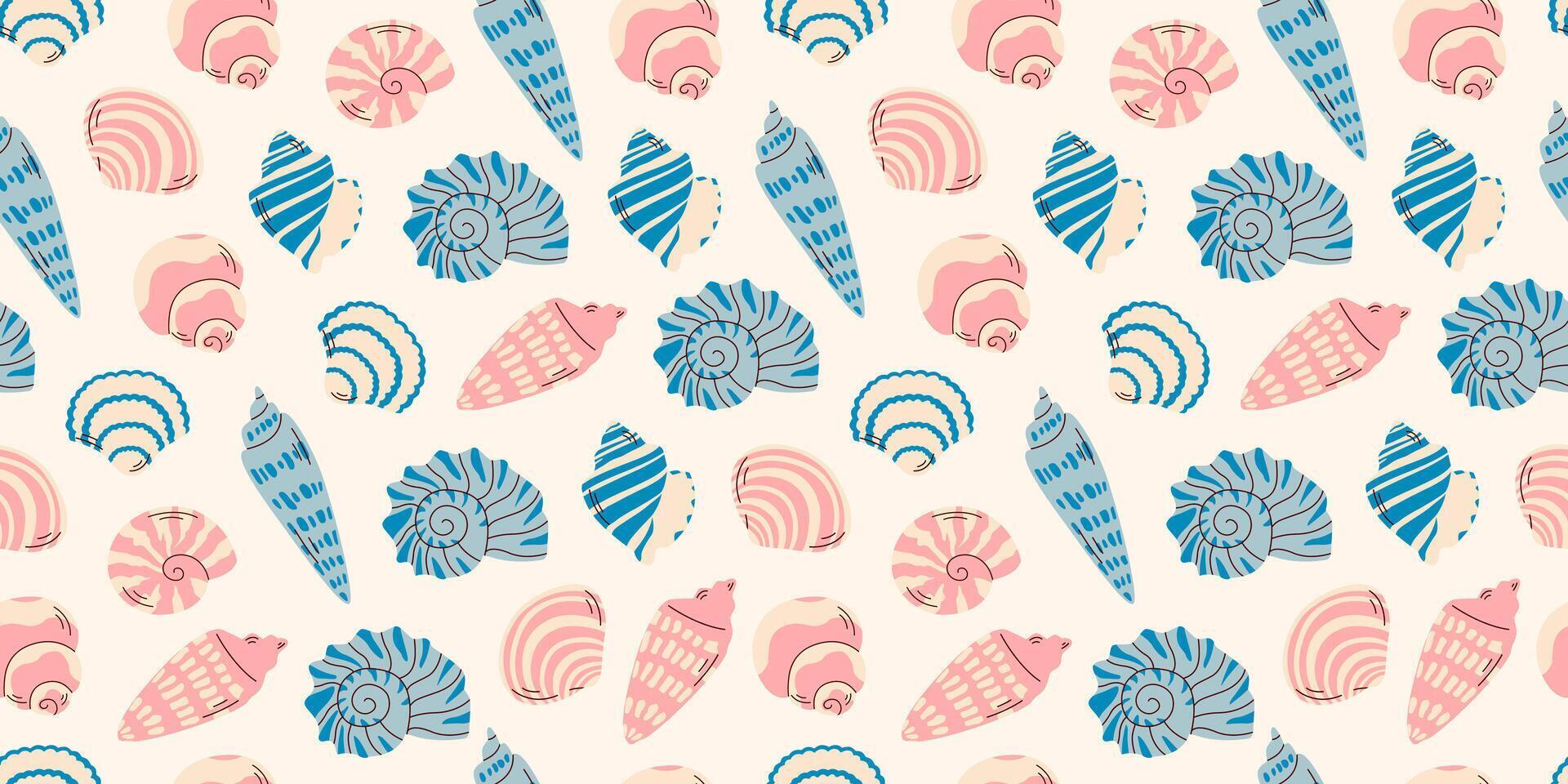 Pattern of seashells on white. Ocean exotic underwater seashell conch aquatic mollusk, sea spiral snail, marine starfish. Hello, summer. Vacation. Undersea background. Tropical beach. vector