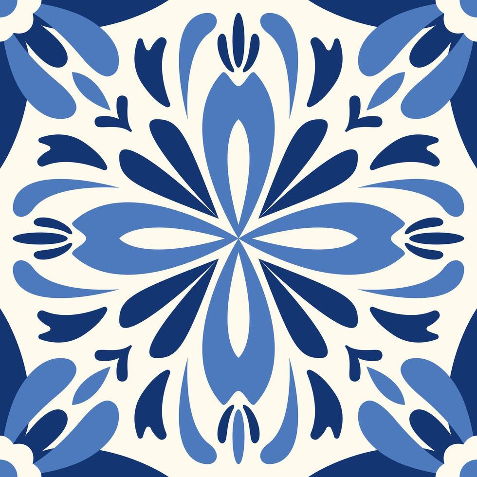 Ceramic tiles in a classic design feature intricate floral and leaf motifs, highlighting. Lisbon floral mosaic. Mediterranean seamless navy blue ornament. Majolica. Spanish pattern. vector