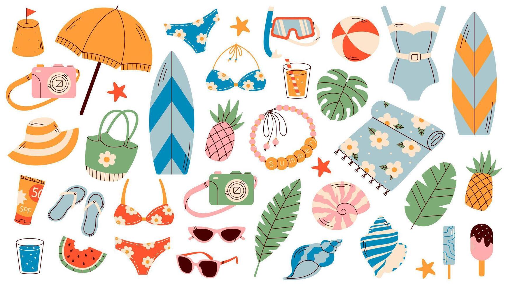 Big summer set. Illustrations of summer featuring watermelon, surfboards, bikinis, seashells, and palm leaves. Time to travel. Tropical set of illustrations. vector
