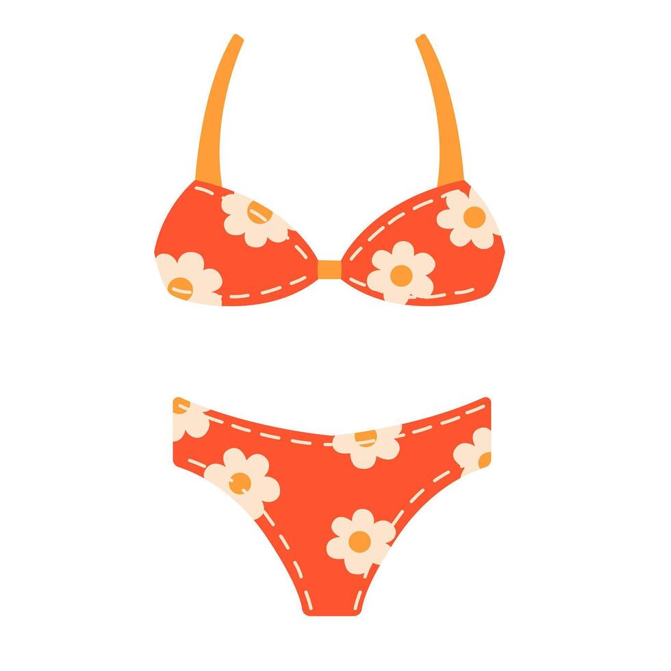 Cartoon isolated swimsuit for women. Casual bikini and bra to swim. Blue bikini with white flowers. Hello summer. Isolated flat objects on white background. Summer journey. Time to travel. Tropical. vector