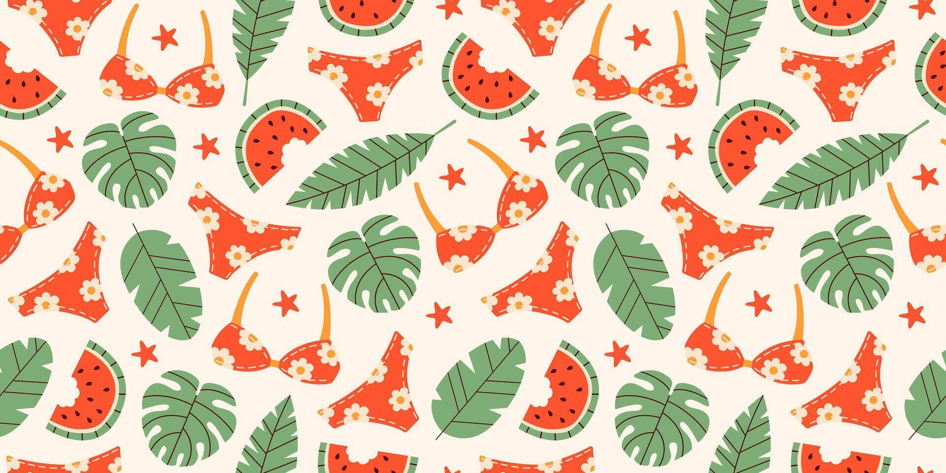 Pattern with red swimsuit, tropical palm leaves, and watermelon. Summertime seamless pattern. Fashion print design. Suitable for social media, banners, and web. vector