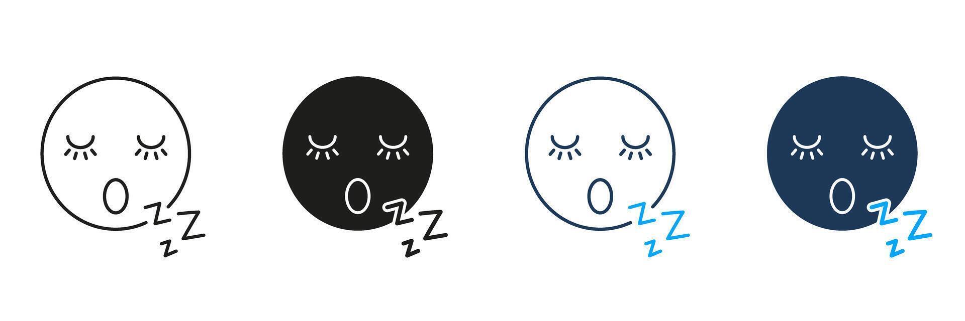 Sleeping Face with Eyelashes and ZZZ Line and Silhouette Icon Set. Peaceful Rest and Sleep Outline Symbol. Editable Stroke. Isolated Illustration vector