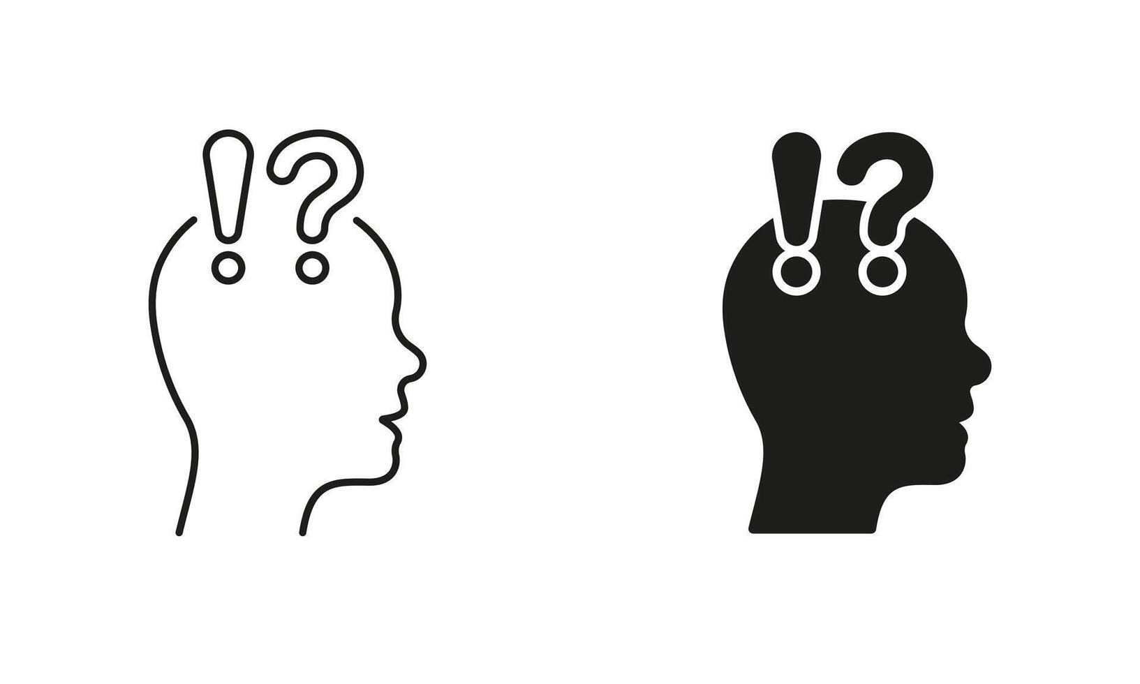 Human Head with Question Mark and Exclamation Point Line and Silhouette Icon Set. Editable Stroke. Isolated Illustration vector