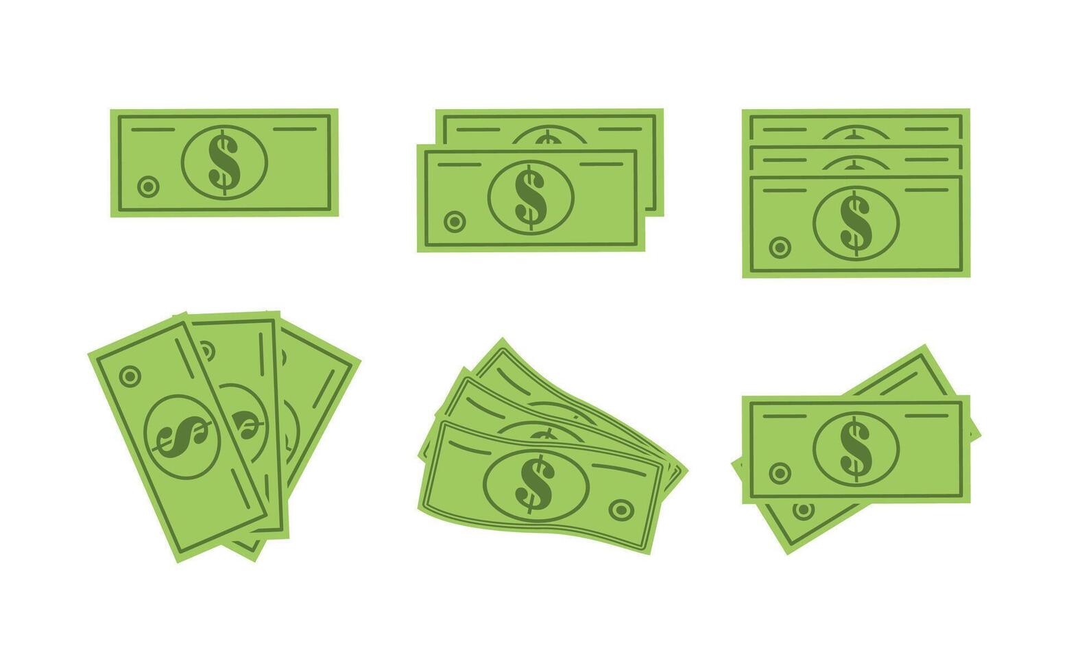 A set of icons of cash dollar bills. A set of dollar bills for business decisions and for financial ideas. Green money on a white background. vector