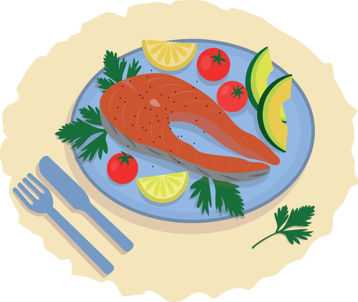 Salmon steaks on a plate. The fish is served with lemon, tomatoes, parsley, avocado, fork and knife. View from above. Healthy dishes, seafood. Slicing red fish. illustration. Food illustration. vector