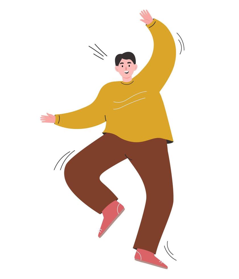 The guy is in active motion, shows, runs, screams. The man calls and dances. flat graphics. vector