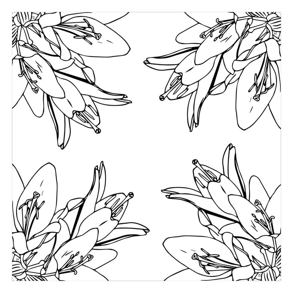 Frame for your design decorated with lily flowers in four corners. Doodle style. vector