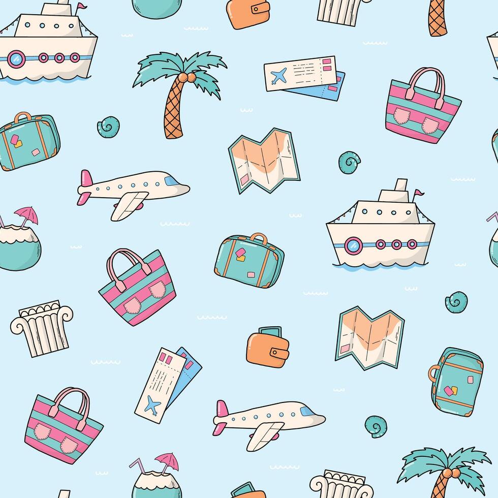 Summer vacations, cruise holidays doodles seamless pattern for wallpaper, wrapping paper, scrapbooking, digital paper, textile prints, backgrounds, packaging, etc. EPS 10 vector