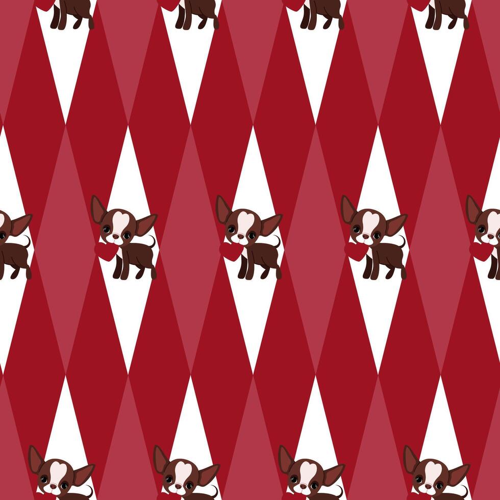 Seamless pattern of rhombus and cute chihuahuas on a red background vector
