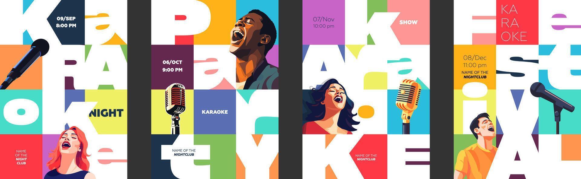 Bold geometric karaoke poster set. Modern brutalist design with microphones, singers, and vibrant patterns. Trendy artwork for music events, concerts, and nightlife promotions with colorful visuals vector