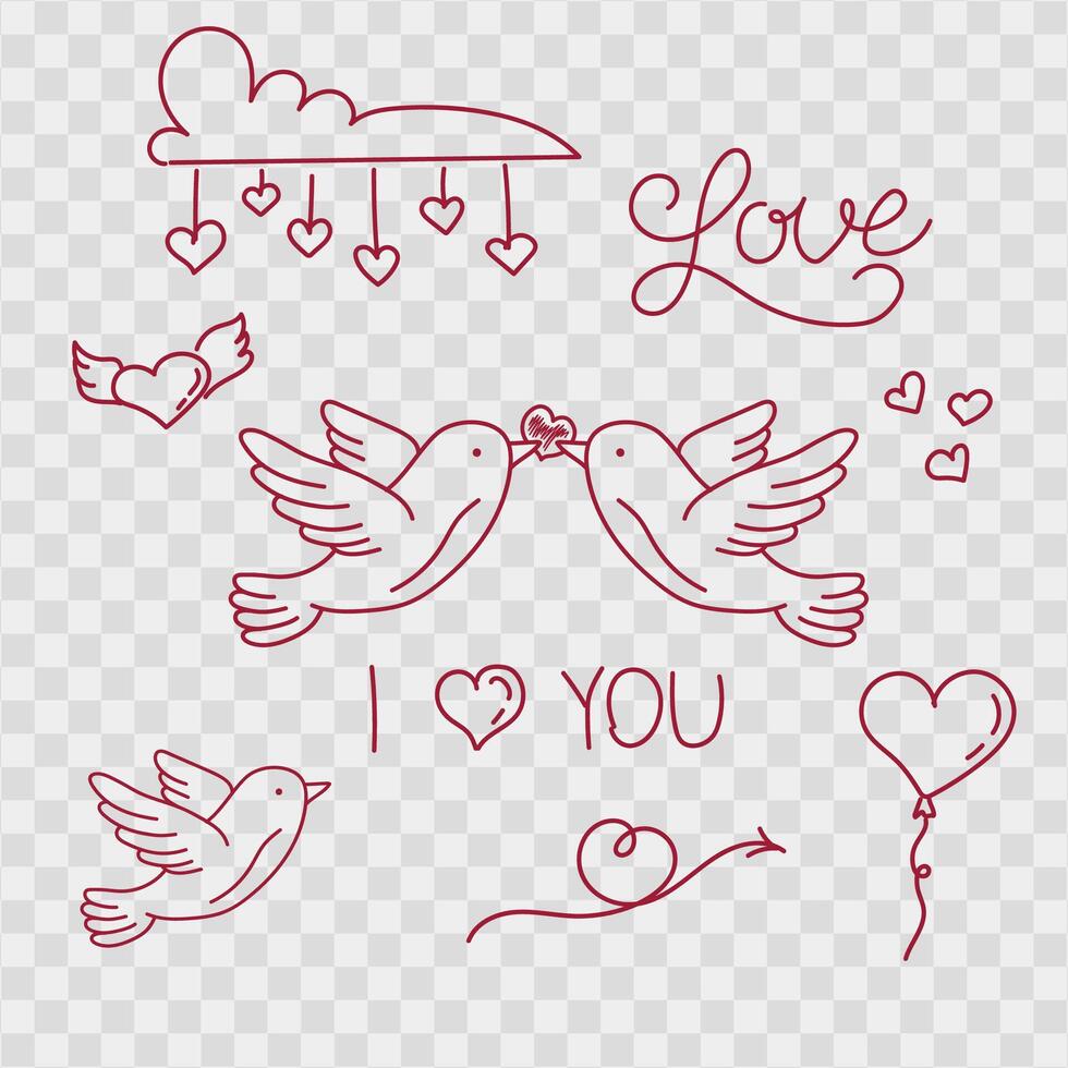 Valentine's day hand drawn flat style red elements. vector